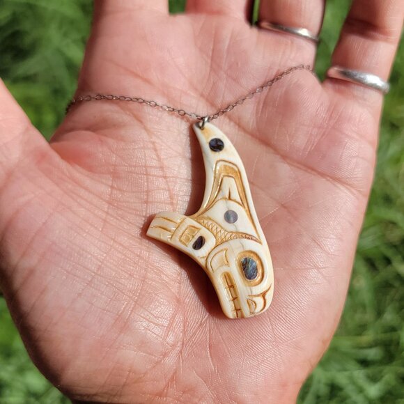 Native Jewelry - Native American Patty Fawn Cherokee carved ivory orca brother print shaman sharm